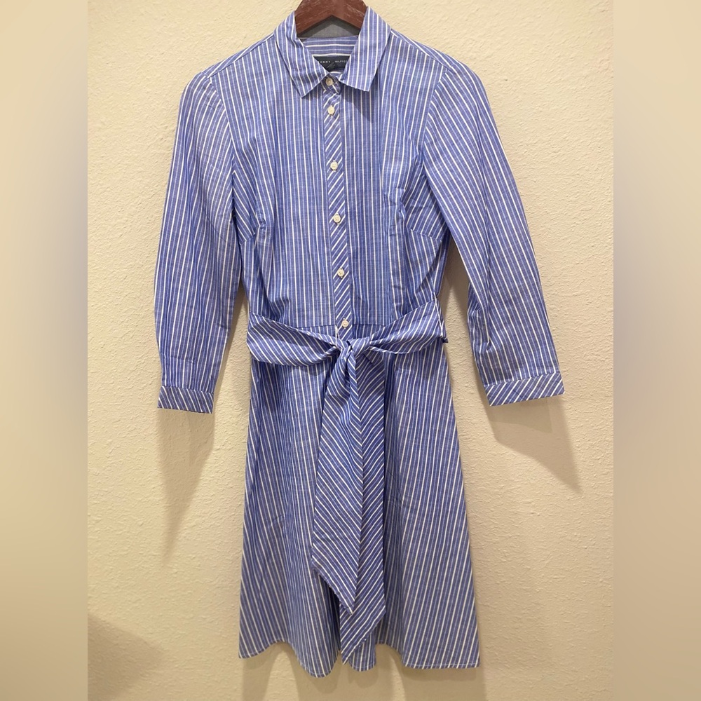 Tommy Hilfiger Blue Striped Shirt dress button-up Classic Waist tie